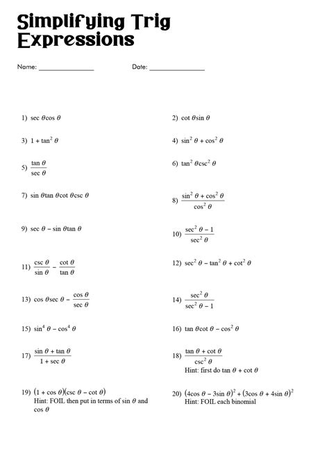 Simplify Trigonometric Expressions Worksheet