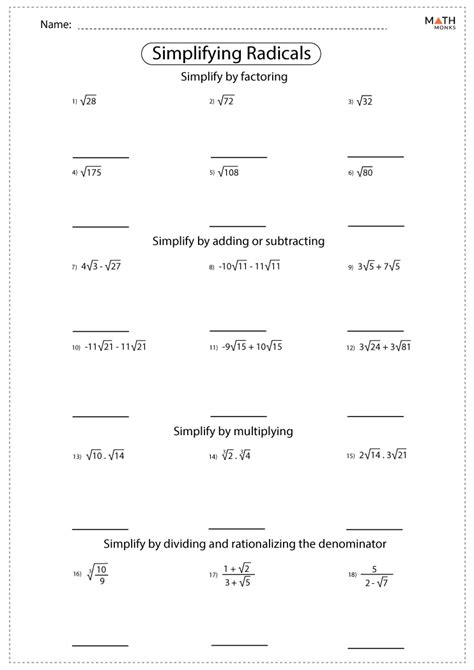 Simplifying Radicals Algebra 2 Worksheet