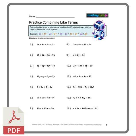 Simplifying And Combining Like Terms Worksheet Answers