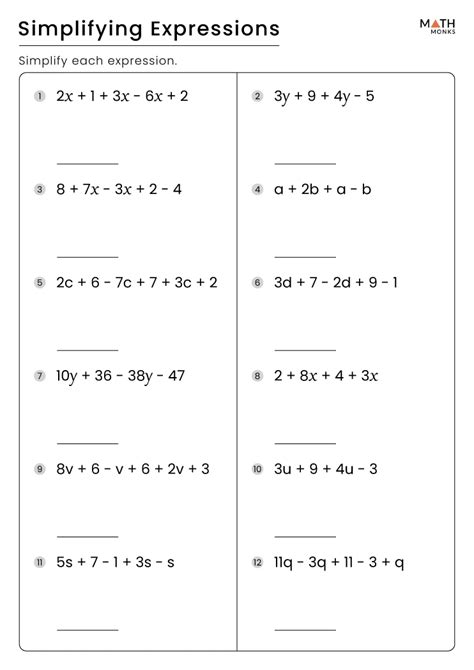 Simplifying Expressions Algebra 1 Worksheet