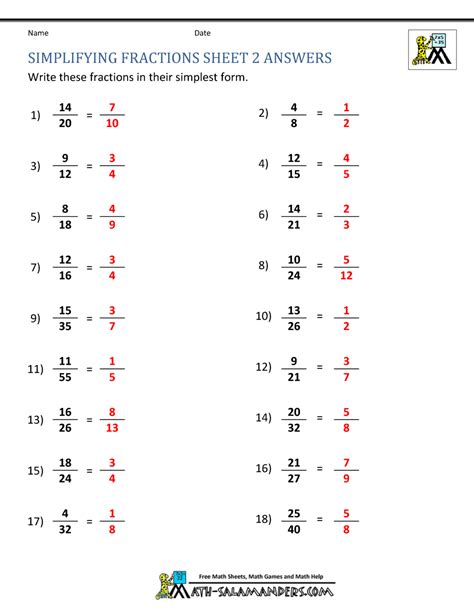 Simplifying Fractions Worksheet With Answers