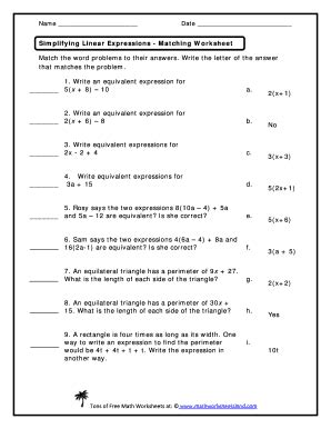 Simplifying Linear Expressions Matching Worksheet Answer Key - Fill