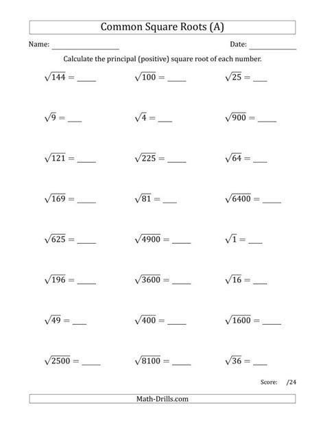 Simplifying Non Perfect Square Roots Worksheet