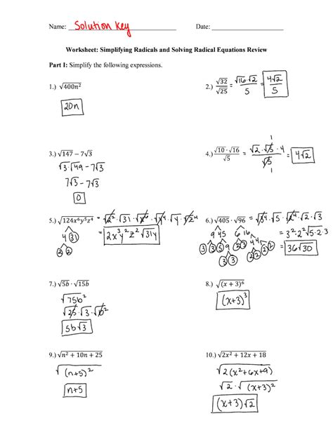 Simplifying Radicals Worksheet Answer Key 33 Radical Expressions and