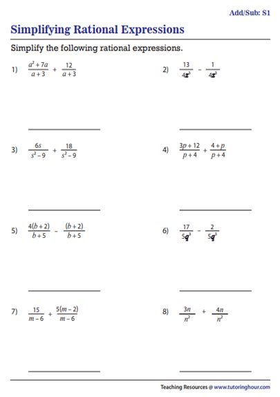 Simplifying Rational Algebraic Expressions Worksheet