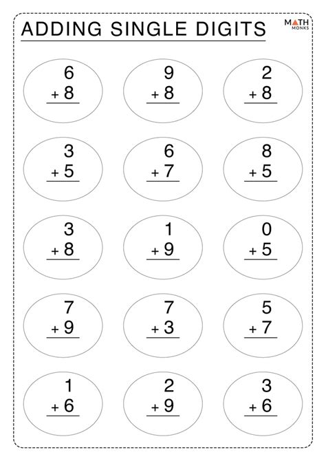 Single Digit Addition Printable Worksheets