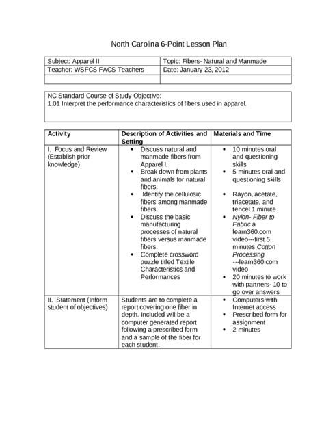 Six Point Lesson Plan Template