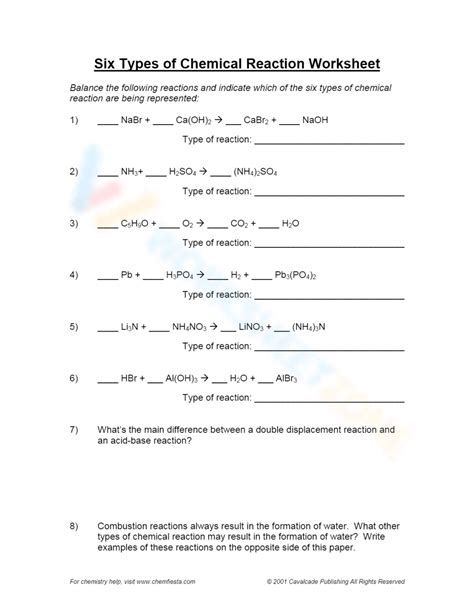 Six Types Of Chemical Reaction Worksheet - worksheet