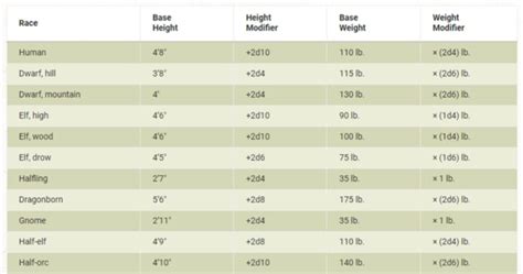 Size Chart D&d