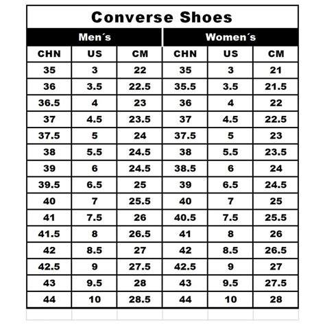 Size Chart For Converse Shoes