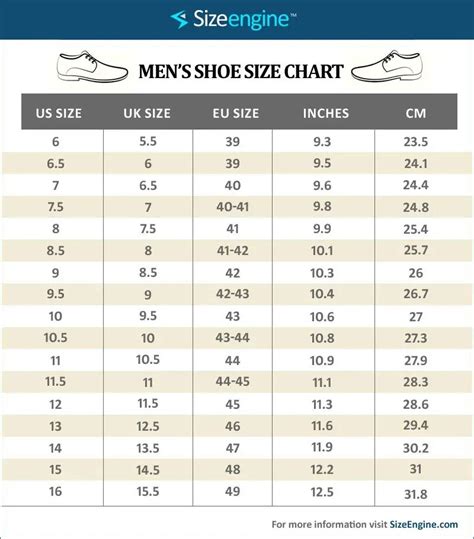 Size Chart Shoes For Mens