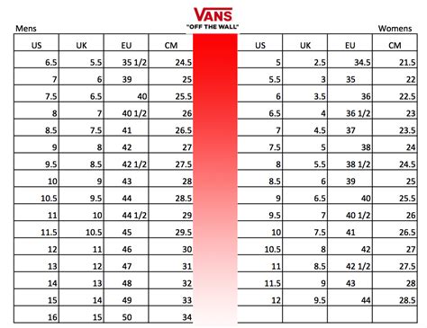 Size Chart Vans Shoes