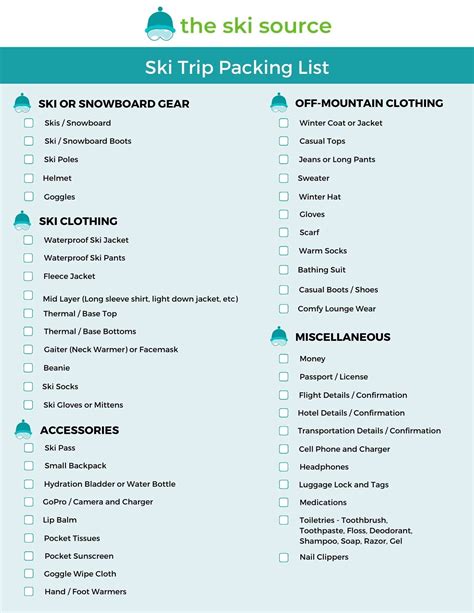 Ski Trip Packing List Printable