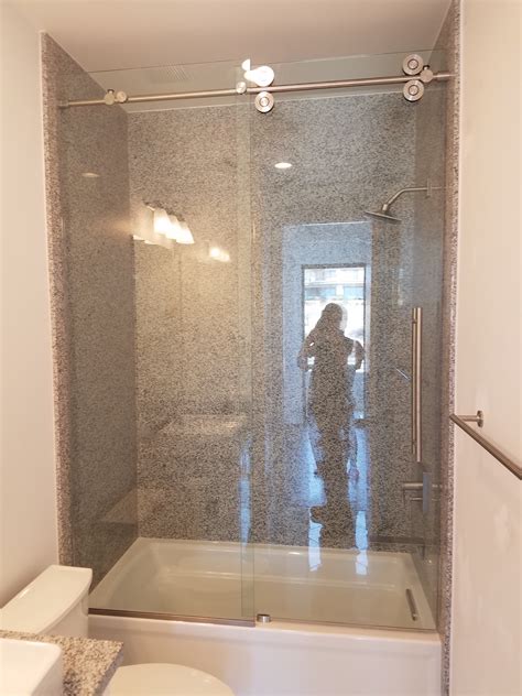Frameless Heavy Glass Sliding Shower Enclosure. Cardinal Skyline. 3/8" Clear Glass with Brushed
