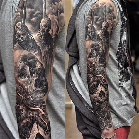 black and grey greek sleeve tattoo Sleeve tattoos