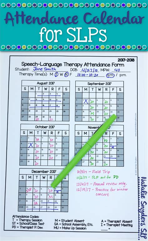 FREE attendance calendar for SLPs 2018 to 2019 by Natalie Snyders