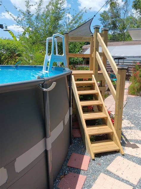 DIY Above Ground Pool Deck Escada piscina, Quintais, Piscina