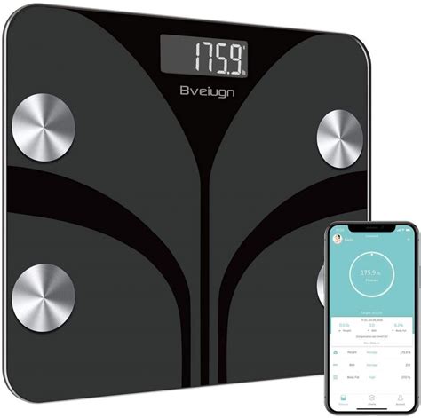 A smart scale displaying various health metrics