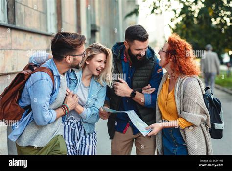 Smiling tourists walking group