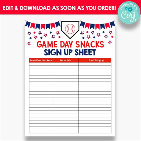Snack Sheet Sign Up Printable