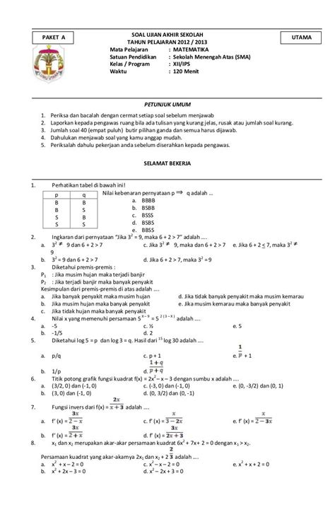 Soal Matematika Wajib Kelas 12 Semester 1 dan Jawabannya