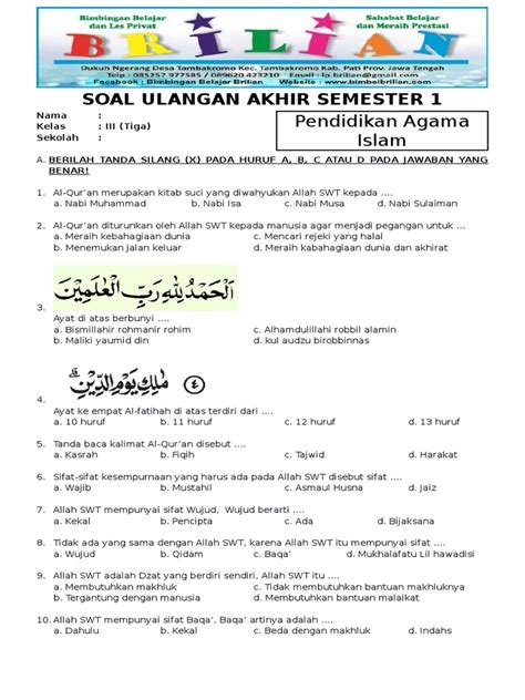 Soal Ulangan Agama Kelas 3 Semester 1