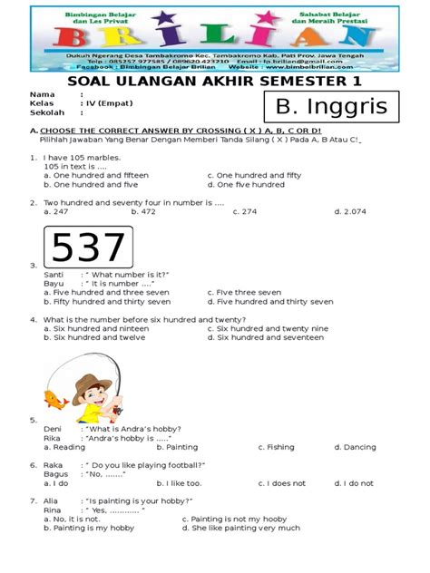 Soal Bahasa Inggris Kelas 2 Sd Semester 1 Kurikulum 2013