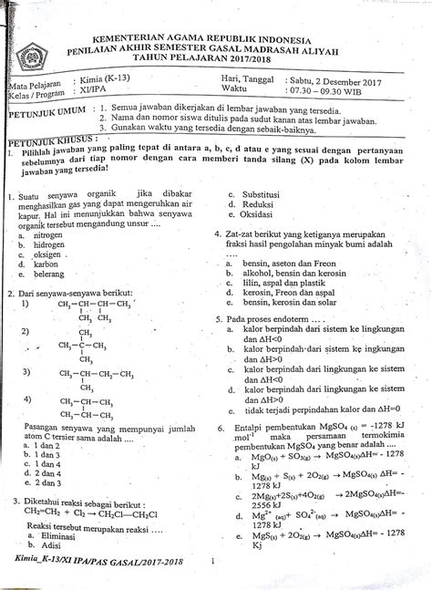 Soal Kimia Kelas 11 Semester 1