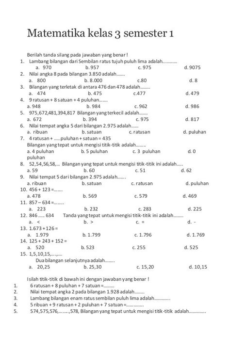 Soal Matematika Kelas 3 SD Semester 1 Kurikulum 2013 Indonesia