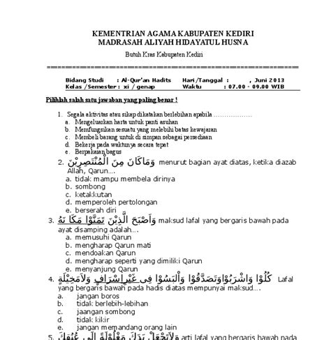 Soal Quran Hadits Kelas 2 Semester 1