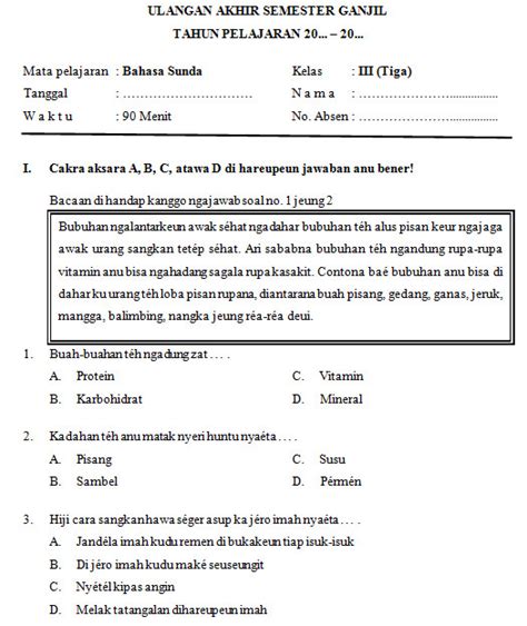 Soal UAS Bahasa Sunda Kelas 5 Semester 1 beserta Pembahasannya