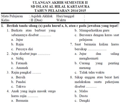 Soal UKK Aqidah Akhlak Kelas 2 MI