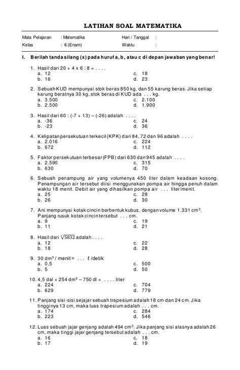Soal Un Matematika Kelas 6 2018