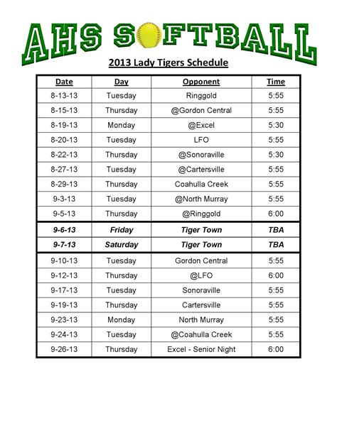 Softball Schedule Template