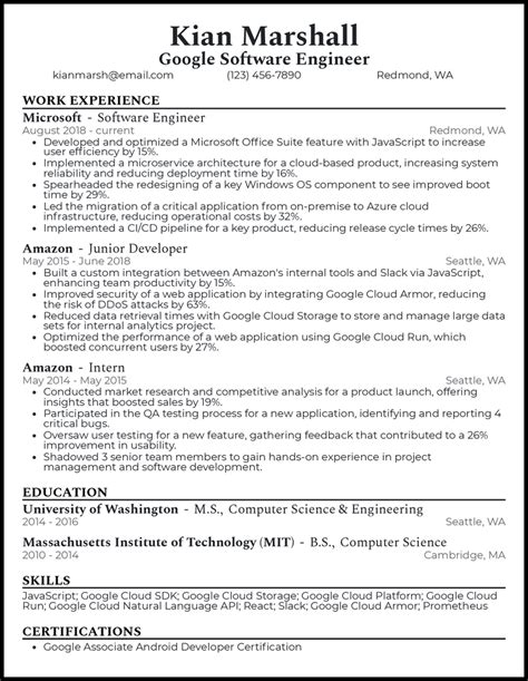 Software Developer Resume Google