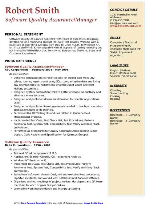 Software Quality Assurance Resume Sample