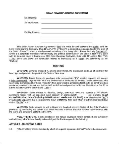 Solar Power Purchase Agreement Template