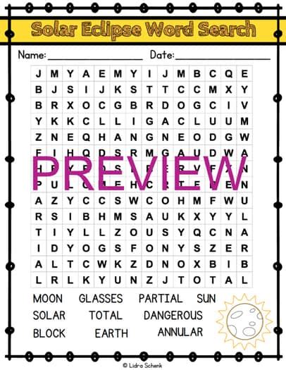 Solar Eclipse Word Search Printable Free