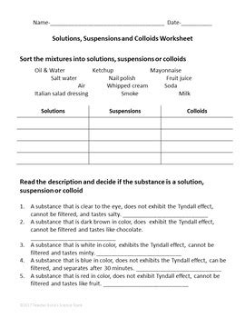 Solutions Suspensions And Colloids Worksheet