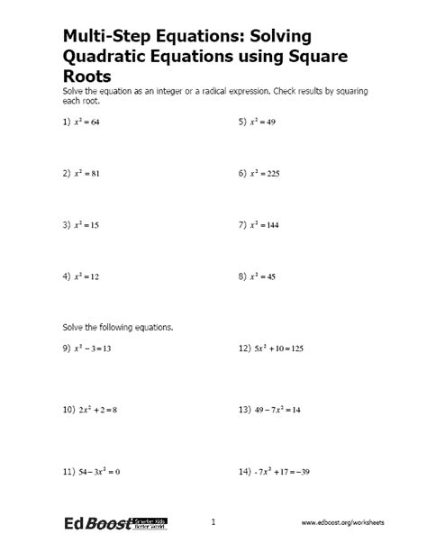 Solving Equations With Square Roots Worksheet