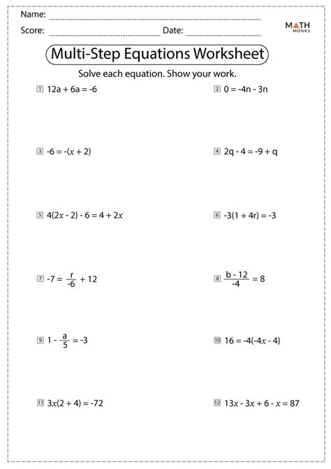 Solving Multi Step Linear Equations Worksheet