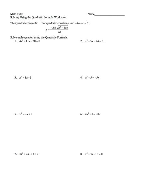 Solving Quadratic Equations Using Quadratic Formula Worksheet