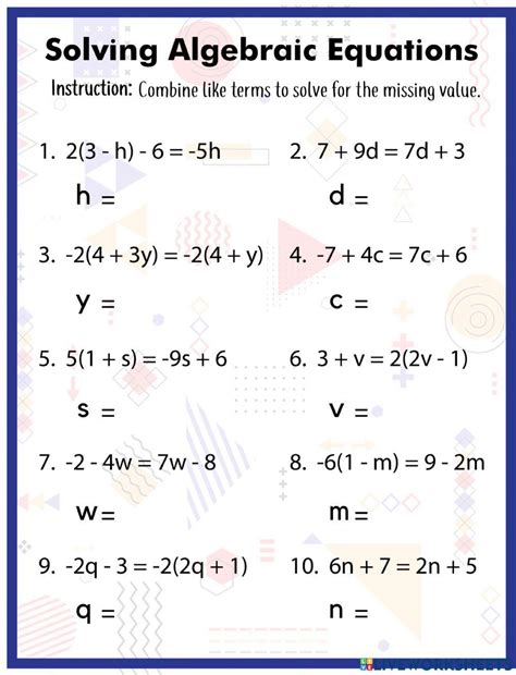 Solving Algebraic Equations Worksheet
