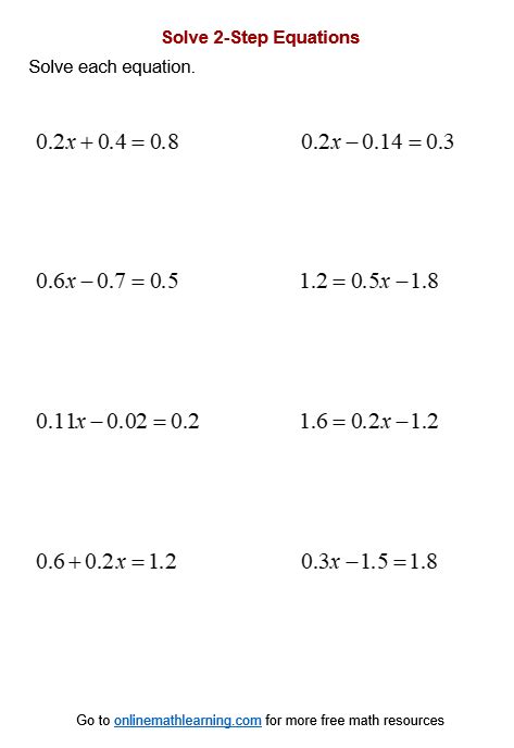 Solving Equations With Decimals Worksheet