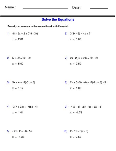 Solving Equations With X On Both Sides Worksheet With Answers