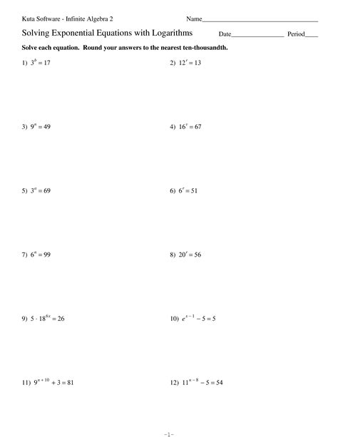 Solving Exponential Equations Worksheet with Answers