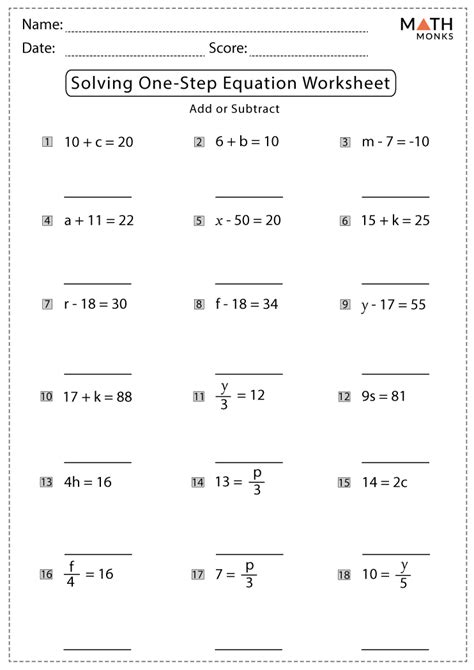 Solving One Step Equations With Addition And Subtraction Worksheet