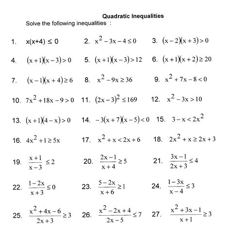 Solving Quadratic Inequalities Worksheet