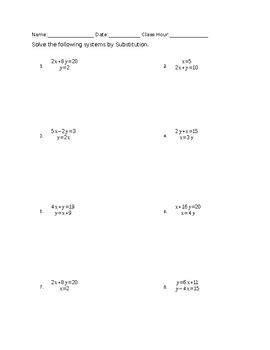 Solving Systems of Equations By Substitution Worksheet and Class Follow