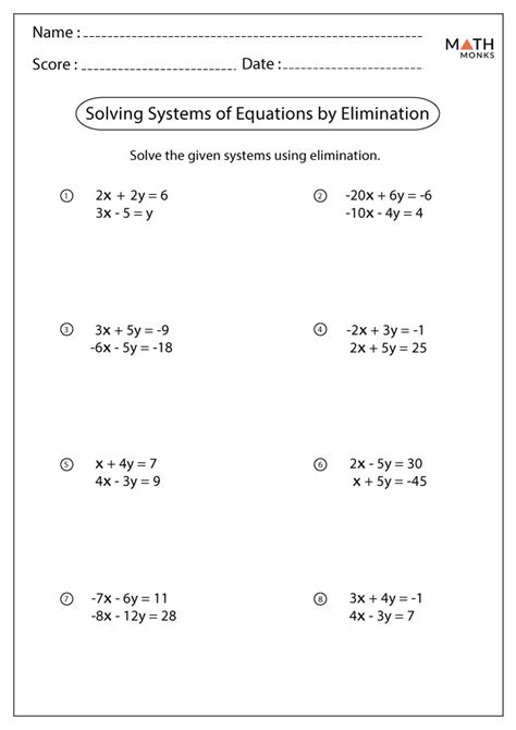 Solving Systems of Equations by Elimination Worksheets - Math Monks